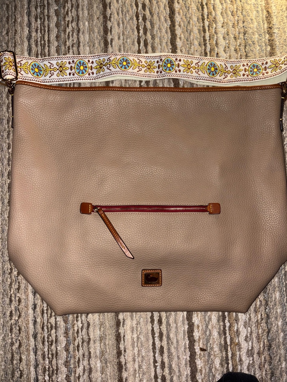 Dooney & Bourke Taupe Pebble Leather Camden Hobo Bag Patterned Strap
